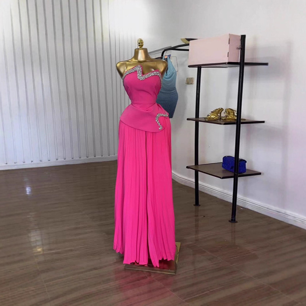 Spot 2025 European and American cross-border women's summer strapless nail drill irregular top, pleated wide leg pants 2-piece set Spot 2025 European and American cross-border women's summer strapless nail drill irregular top, pleated wide leg pants 2-piece set