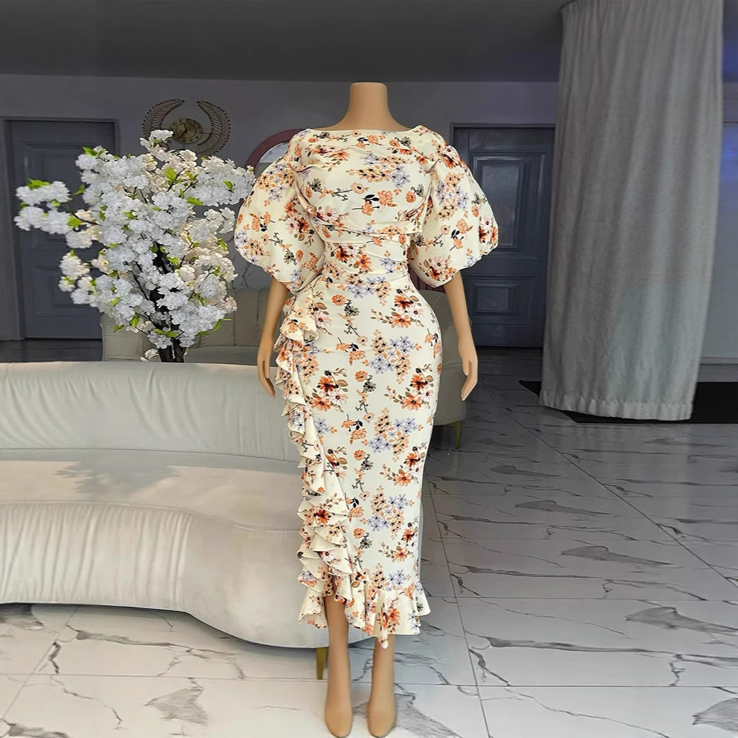 Spot European and American women's clothing 2025 summer palace style lotus leaf edge sweet and fresh printed bubble sleeves high waisted dress