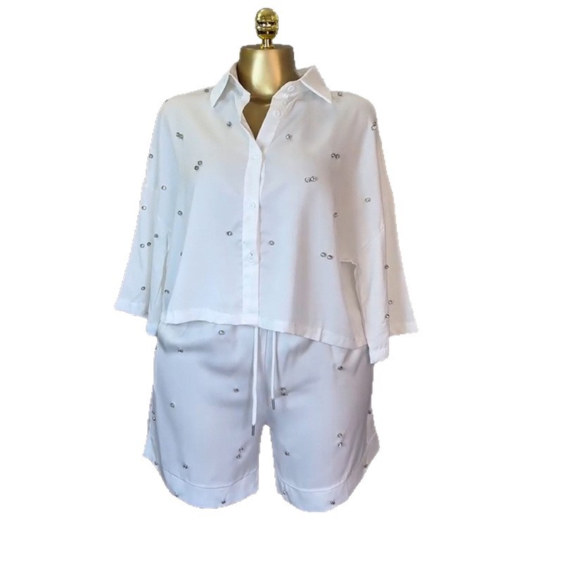 Spot 2025 European and American Cross border Women's Summer Fashion Collar Loose Nail Diamond Shirt Wide Leg Shorts 2-piece Set Spot 2025 European and American Cross border Women's Summer Fashion Collar Loose Nail Diamond Shirt Wide Leg Shorts 2-piece Set