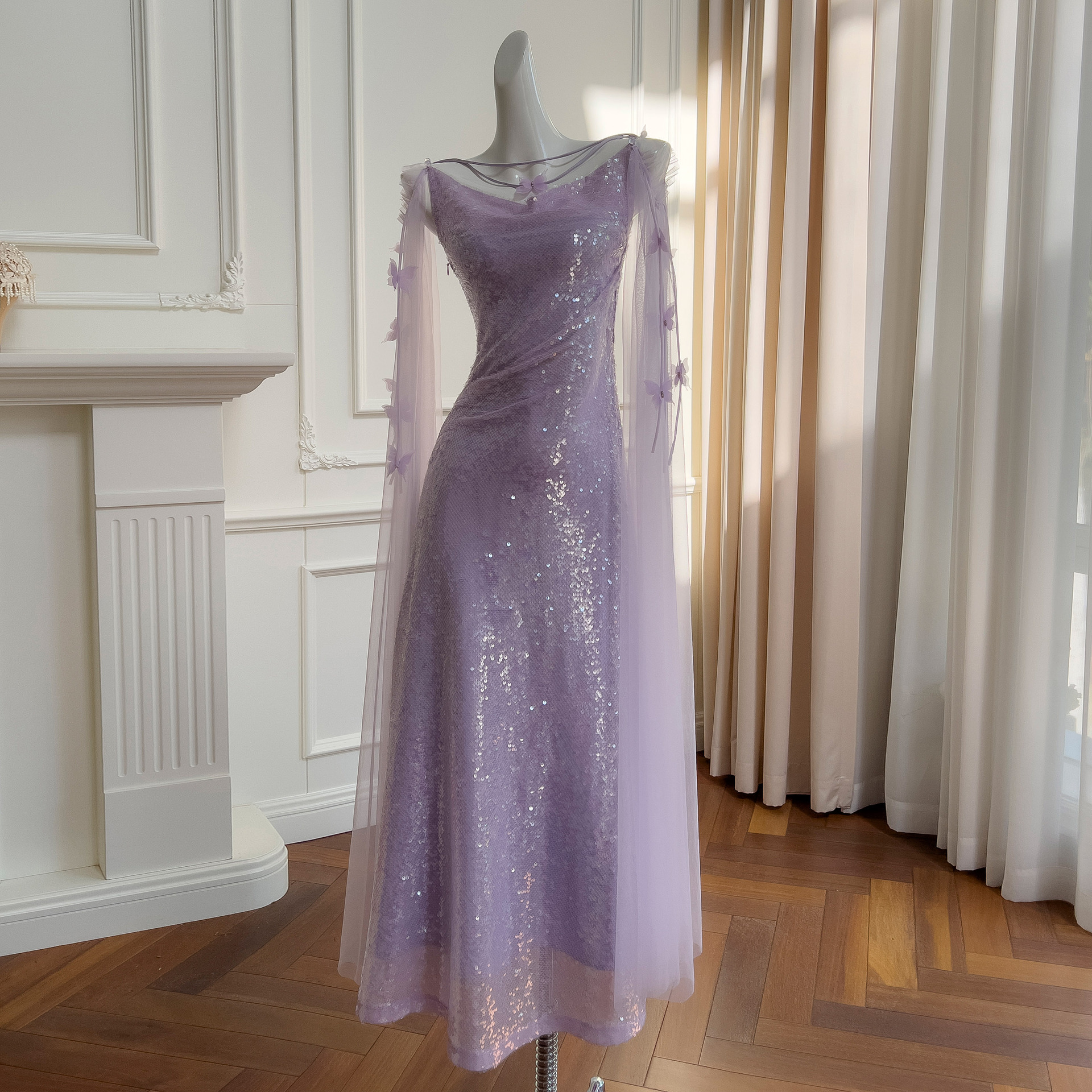 Fashionable temperament, two in one purple sequin dress, evening gown, mesh sleeves, high waisted slim fit long gown 68528