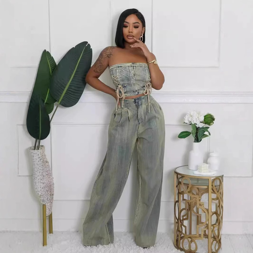 Spot European and American Amazon cross-border strapless vest+straight leg wide leg pants distressed washed denim suit 2-piece set Spot European and American Amazon cross-border strapless vest+straight leg wide leg pants distressed washed denim suit 2-piece set