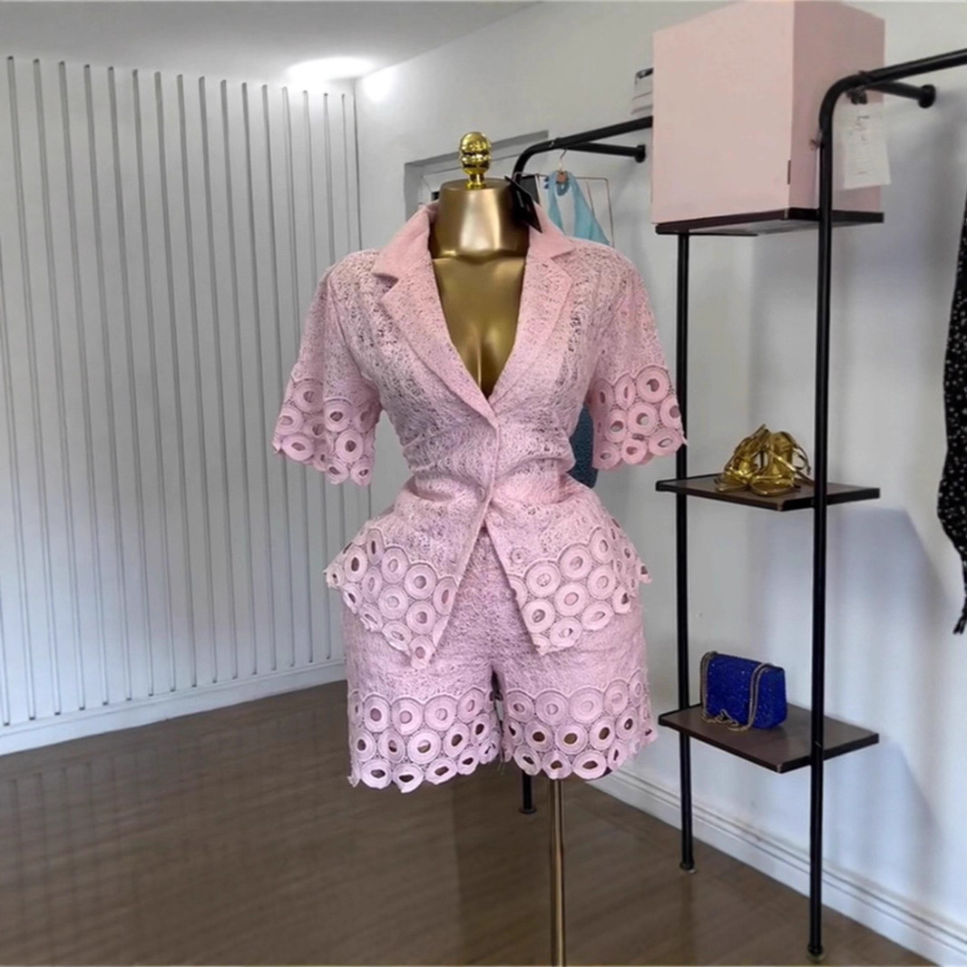 Spot 2025 European and American Cross border Women's Summer Hook Flower Embroidered Hollow Short Sleeve Shirt+Shorts Casual 2-piece Set Spot 2025 European and American Cross border Women's Summer Hook Flower Embroidered Hollow Short Sleeve Shirt+Shorts Casual 2-piece Set