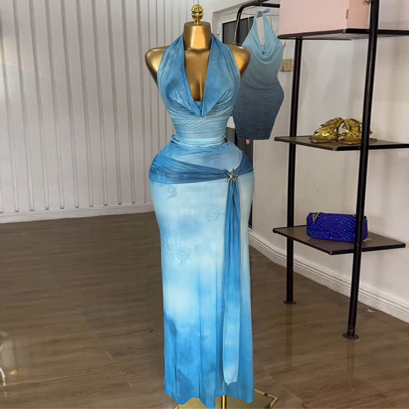 Spot cross-border 2025 summer European and American sexy hanging neck collar backless vest tie dye printed skirt 2-piece set Spot cross-border 2025 summer European and American sexy hanging neck collar backless vest tie dye printed skirt 2-piece set