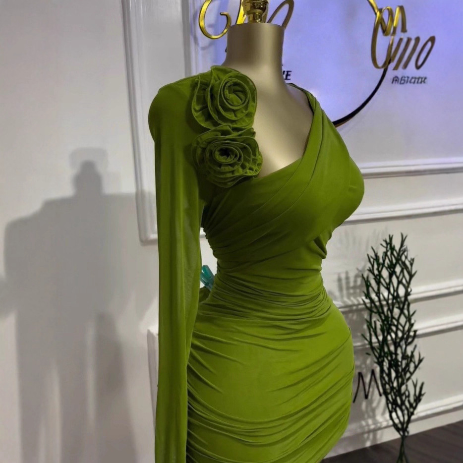 Spot 2025 European and American Cross border Women's Slant Collar Three Dimensional Flower Short Skirt Long Sleeve Wrinkle Show Thin Temperament Dress Spot 2025 European and American Cross border Women's Slant Collar Three Dimensional Flower Short Skirt Long Sleeve Wrinkle Show Thin Temperament Dress