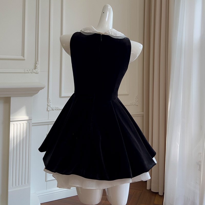 Sleeveless dress temperament bow black and white four piece set lace inner top party fluffy skirt for women 69288 Sleeveless dress temperament bow black and white four piece set lace inner top party fluffy skirt for women 69288