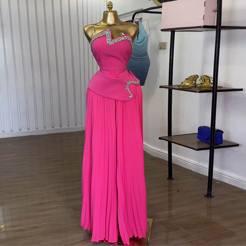 Spot 2025 European and American cross-border women's summer strapless nail drill irregular top, pleated wide leg pants 2-piece set Spot 2025 European and American cross-border women's summer strapless nail drill irregular top, pleated wide leg pants 2-piece set