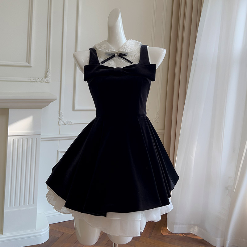 Sleeveless dress temperament bow black and white four piece set lace inner top party fluffy skirt for women 69288 Sleeveless dress temperament bow black and white four piece set lace inner top party fluffy skirt for women 69288