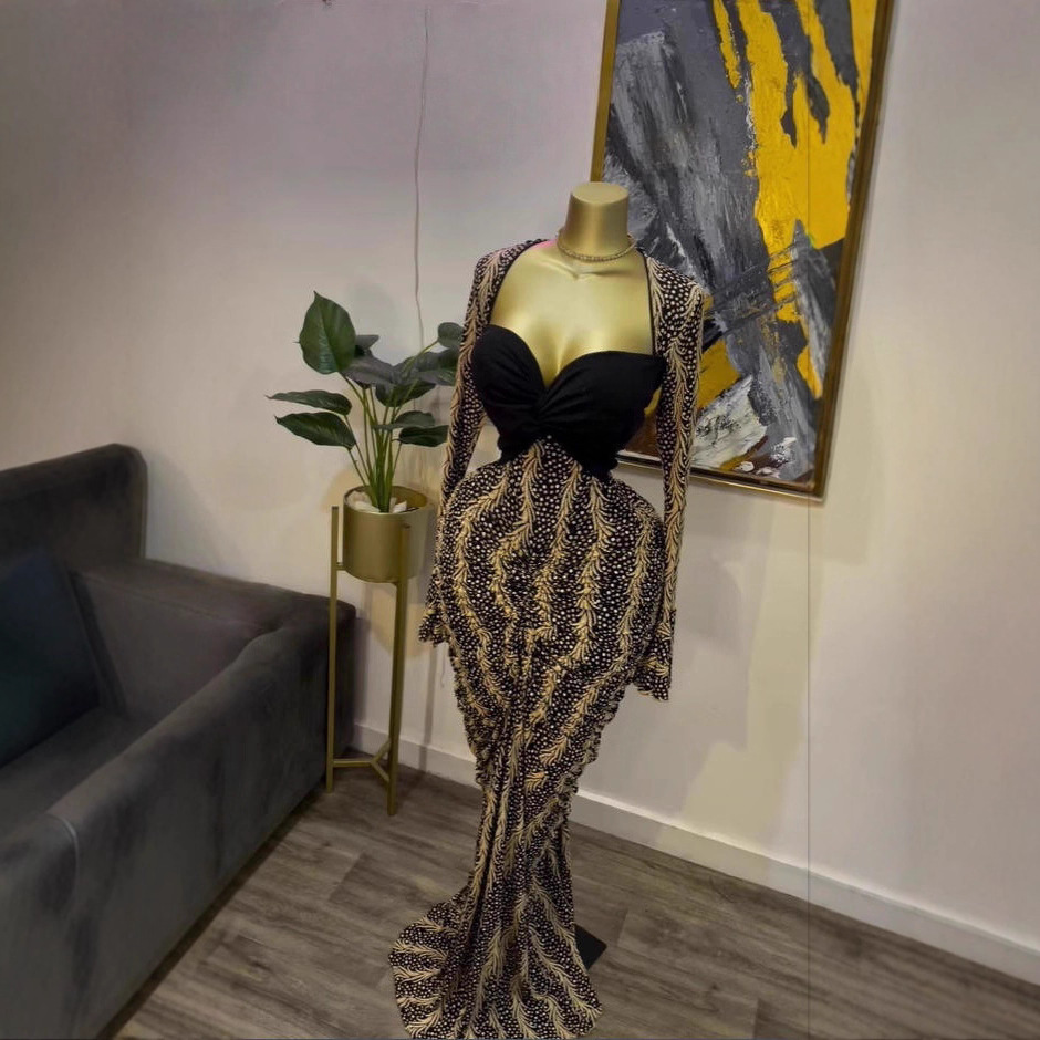 Spot 2025 European and American women's cross-border strapless long sleeved printed long skirt pleated fish tail party dress Spot 2025 European and American women's cross-border strapless long sleeved printed long skirt pleated fish tail party dress