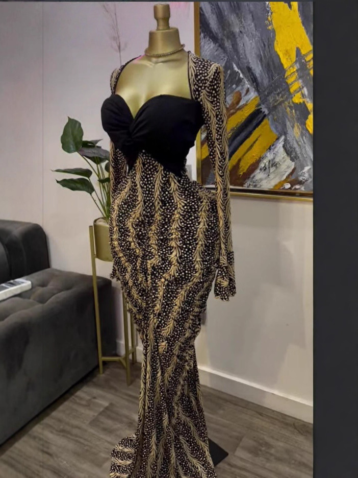 Spot 2025 European and American women's cross-border strapless long sleeved printed long skirt pleated fish tail party dress Spot 2025 European and American women's cross-border strapless long sleeved printed long skirt pleated fish tail party dress