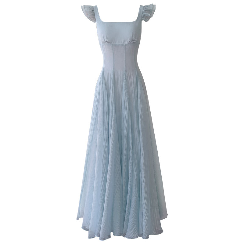 French style small fly sleeve dress for women, summer blue seaside vacation feeling, waist cinching A-line temperament long skirt, children 69155 French style small fly sleeve dress for women, summer blue seaside vacation feeling, waist cinching A-line temperament long skirt, children 69155