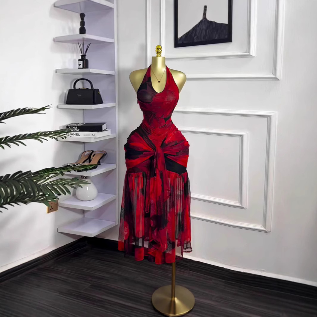 Spot 2025 Cross border European and American Summer Hanging Neck Dress Women's Bag Hip Sexy temperament Printed Open Back Long Dress Spot 2025 Cross border European and American Summer Hanging Neck Dress Women's Bag Hip Sexy temperament Printed Open Back Long Dress