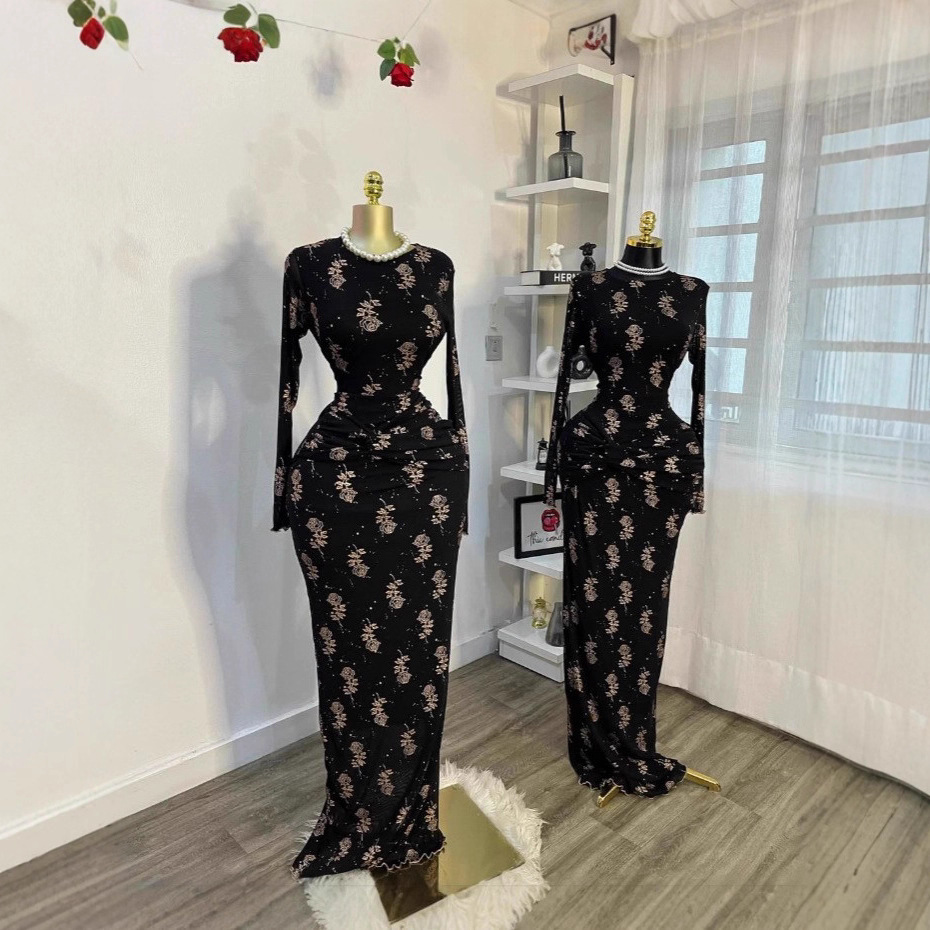 Spot 2025 cross-border European and American women's printed long sleeved dress with elegant temperament, black long skirt with pleats, slimming dress Spot 2025 cross-border European and American women's printed long sleeved dress with elegant temperament, black long skirt with pleats, slimming dress
