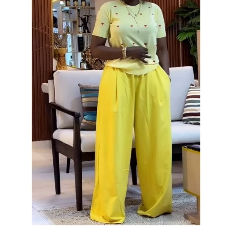 Spot 2025 Summer Cross border European and American Leisure 2-piece Short Sleeve Love Printed T-shirt+Wide Leg Pants Set Spot 2025 Summer Cross border European and American Leisure 2-piece Short Sleeve Love Printed T-shirt+Wide Leg Pants Set