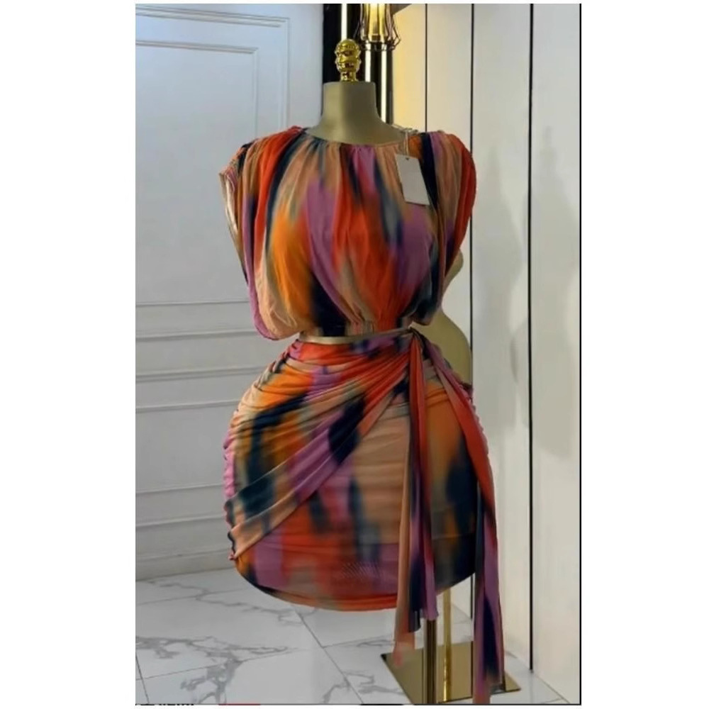 In stock 2025 summer European and American round neck high-end sleeveless pleated tie dye printed top+short skirt 2-piece set In stock 2025 summer European and American round neck high-end sleeveless pleated tie dye printed top+short skirt 2-piece set