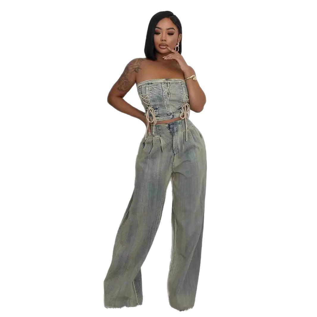 Spot European and American Amazon cross-border strapless vest+straight leg wide leg pants distressed washed denim suit 2-piece set Spot European and American Amazon cross-border strapless vest+straight leg wide leg pants distressed washed denim suit 2-piece set