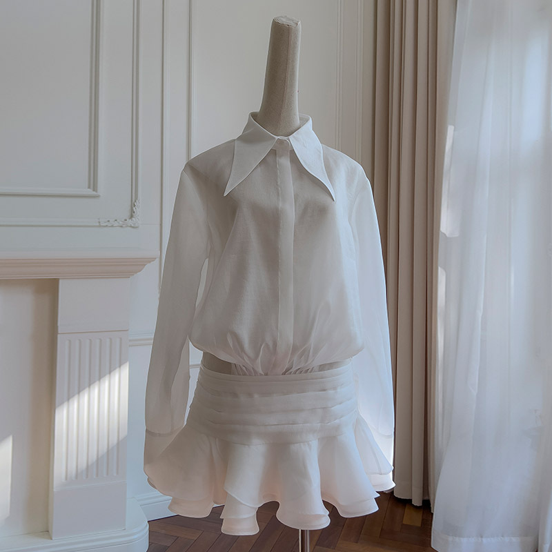 Women's new European and American style French thin style sexy long sleeved lapel button folded waist shirt skirt 69352