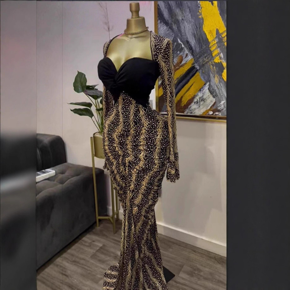 Spot 2025 European and American women's cross-border strapless long sleeved printed long skirt pleated fish tail party dress