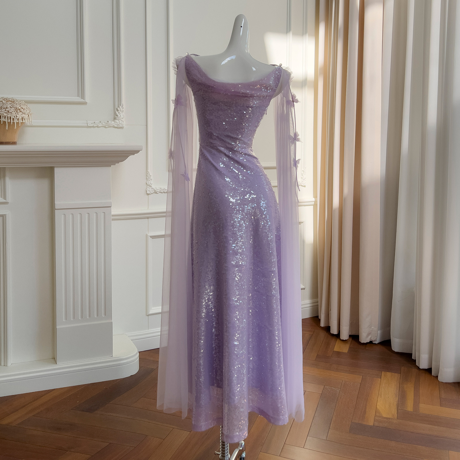 Fashionable temperament, two in one purple sequin dress, evening gown, mesh sleeves, high waisted slim fit long gown 68528 Fashionable temperament, two in one purple sequin dress, evening gown, mesh sleeves, high waisted slim fit long gown 68528
