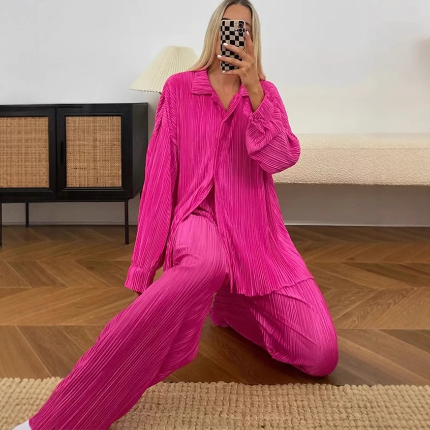 Spot 2025 Amazon Europe and America Cross border Women's Solid Color Loose Casual Two Piece Set with Hundred Fold Fashion Wide Leg Pants Spot 2025 Amazon Europe and America Cross border Women's Solid Color Loose Casual Two Piece Set with Hundred Fold Fashion Wide Leg Pants