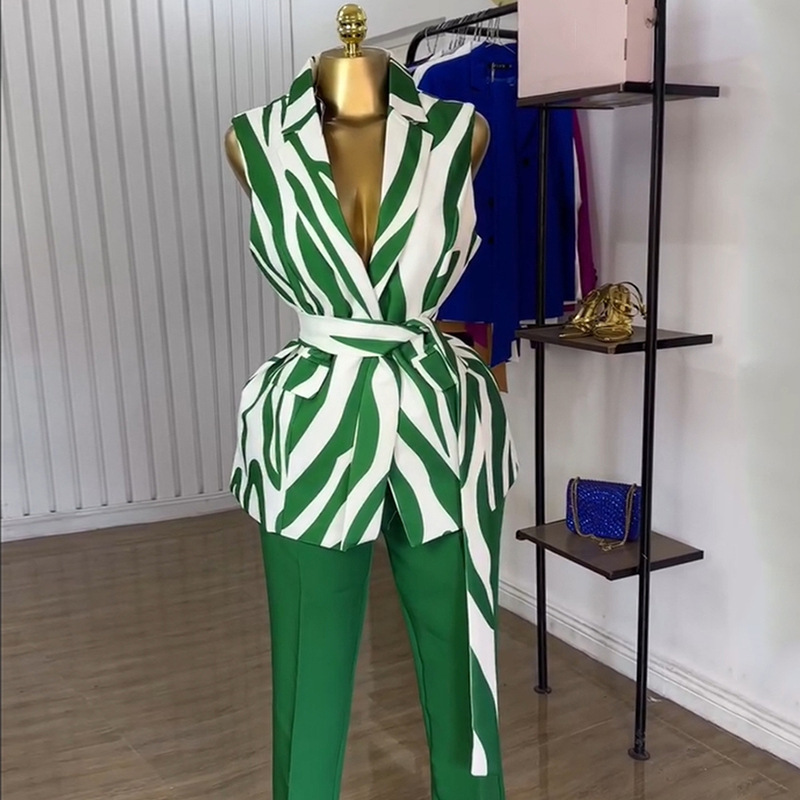 Spot 2025 summer cross-border European and American printed casual commuting sleeveless suit jacket, belt, pants 2-piece set Spot 2025 summer cross-border European and American printed casual commuting sleeveless suit jacket, belt, pants 2-piece set