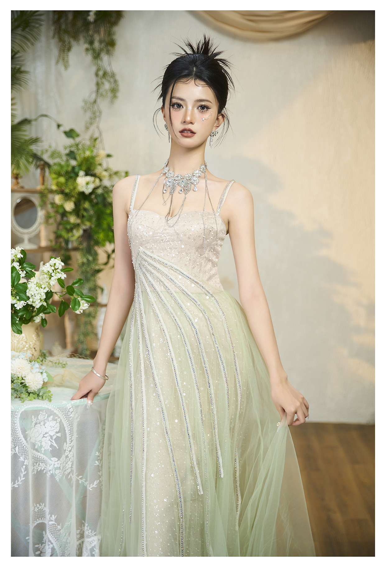 Elegant summer new product light emerald green temperament long waist slimming camisole dress 68710 Elegant summer new product light emerald green temperament long waist slimming camisole dress 68710