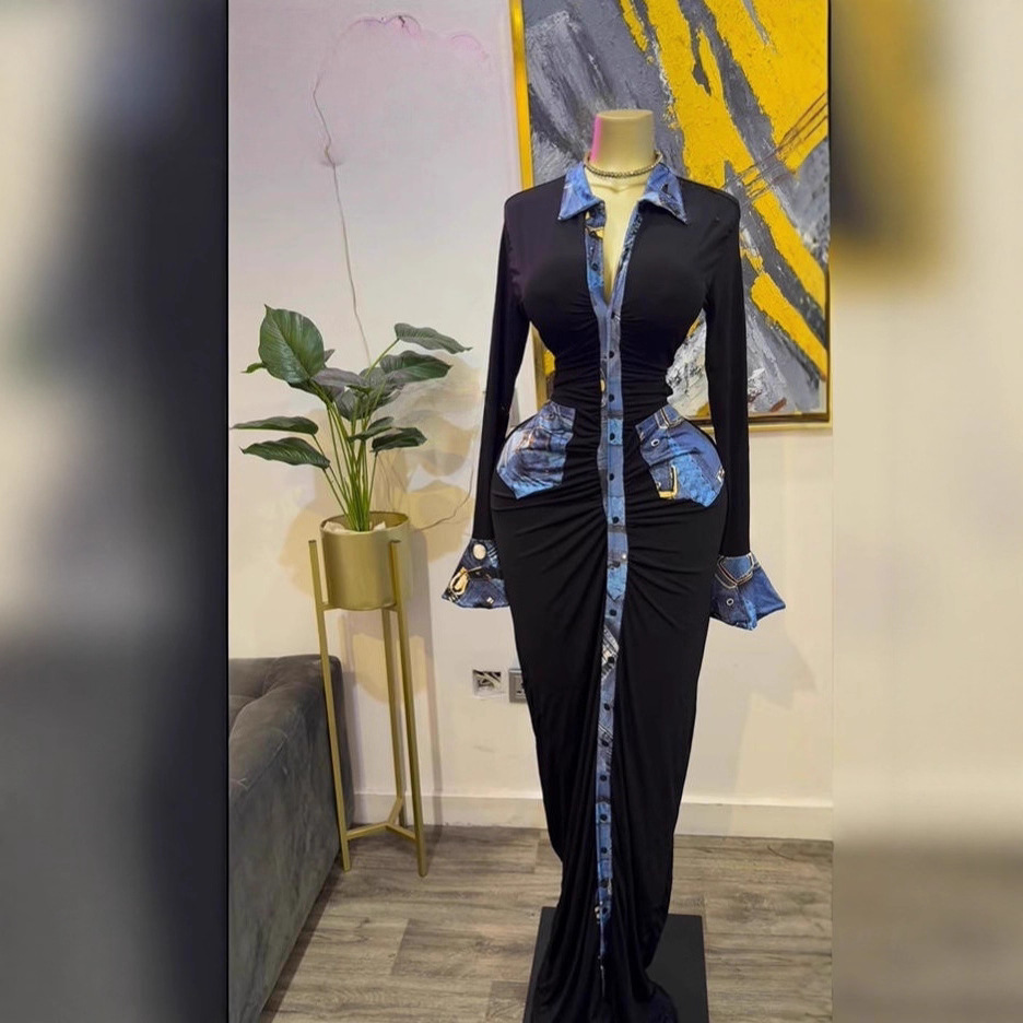 Spot 2025 autumn cross-border European and American snow imitation denim print pleated long skirt with feminine temperament long sleeved lapel dress Spot 2025 autumn cross-border European and American snow imitation denim print pleated long skirt with feminine temperament long sleeved lapel dress