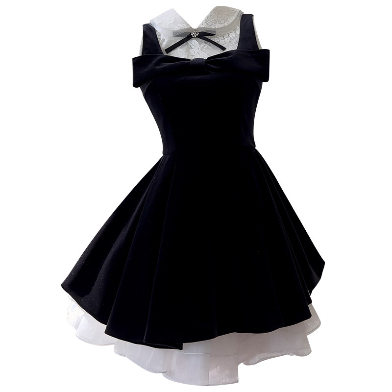 Sleeveless dress temperament bow black and white four piece set lace inner top party fluffy skirt for women 69288 Sleeveless dress temperament bow black and white four piece set lace inner top party fluffy skirt for women 69288