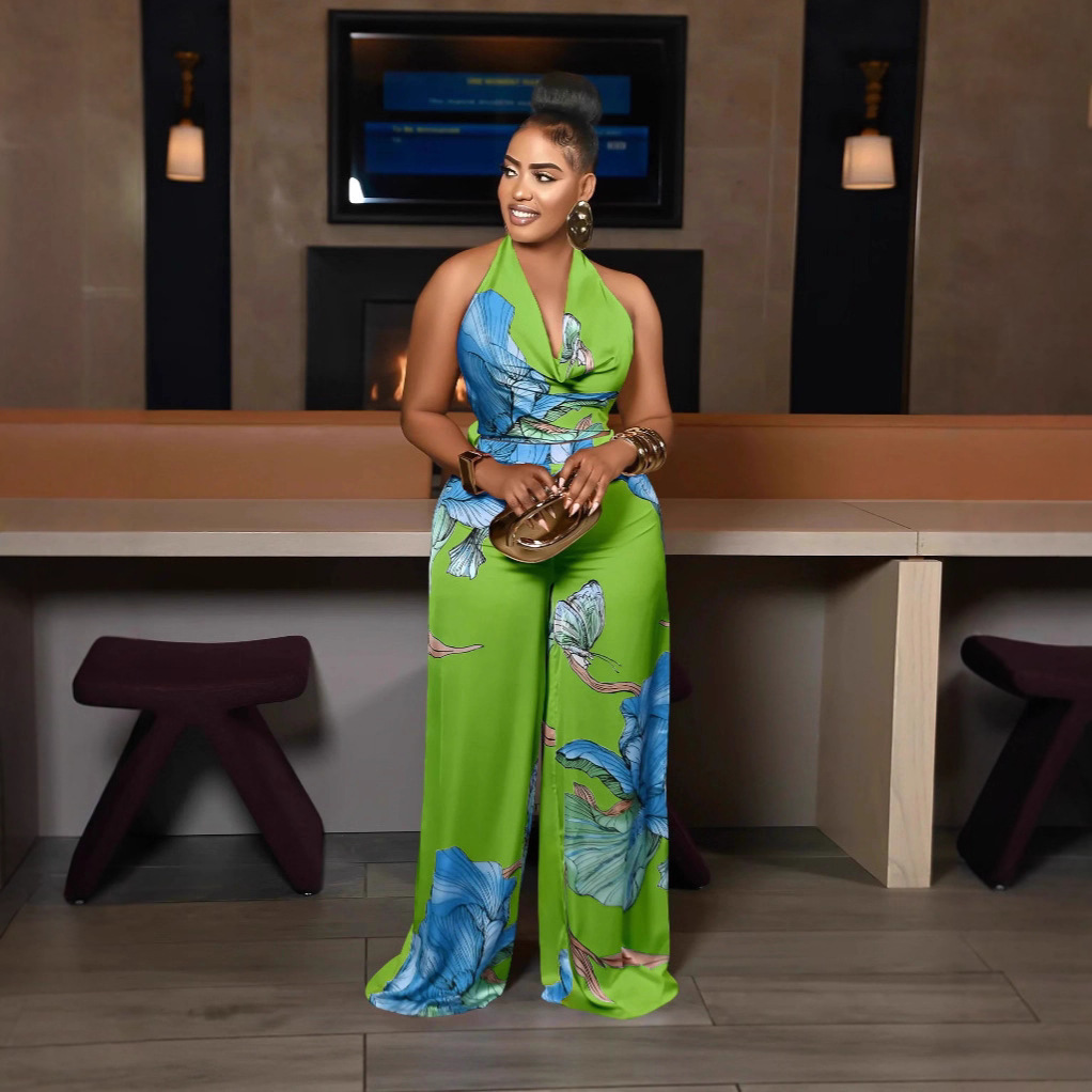 Spot 2025 Cross border European and American Style Commuter Hanging Neck, Bareback Printed Sleeveless White Top, Wide Leg Pants 2-piece Set Spot 2025 Cross border European and American Style Commuter Hanging Neck, Bareback Printed Sleeveless White Top, Wide Leg Pants 2-piece Set