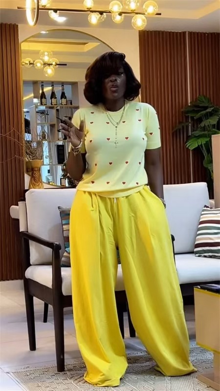 Spot 2025 Summer Cross border European and American Leisure 2-piece Short Sleeve Love Printed T-shirt+Wide Leg Pants Set Spot 2025 Summer Cross border European and American Leisure 2-piece Short Sleeve Love Printed T-shirt+Wide Leg Pants Set