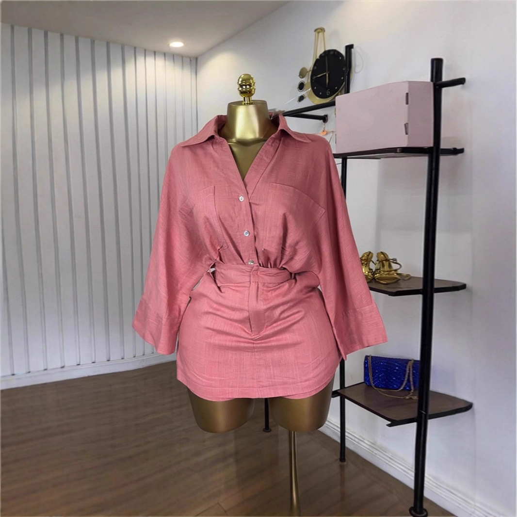Spot 2025 Summer Cross border European and American Women's Wear Collar Bat Long Sleeve Shirt High Waist Shorts Skirt Two Piece Set