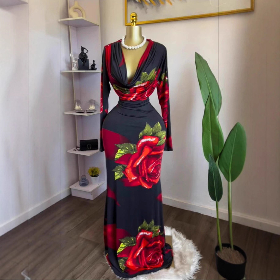 Spot 2025 European and American Cross border Women's Autumn New Long Sleeve Stacked Collar Rose Printed Tight Dress Long Skirt Spot 2025 European and American Cross border Women's Autumn New Long Sleeve Stacked Collar Rose Printed Tight Dress Long Skirt