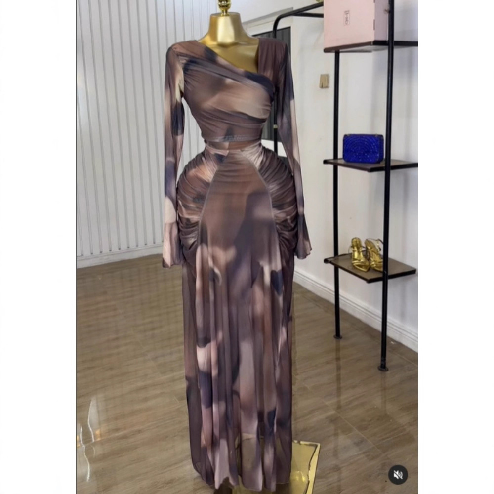 Spot European and American cross-border 2025 autumn new tie dye printed mesh long sleeved dress, women's slim fit vacation long dress