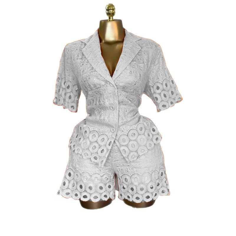 Spot 2025 European and American Cross border Women's Summer Hook Flower Embroidered Hollow Short Sleeve Shirt+Shorts Casual 2-piece Set Spot 2025 European and American Cross border Women's Summer Hook Flower Embroidered Hollow Short Sleeve Shirt+Shorts Casual 2-piece Set