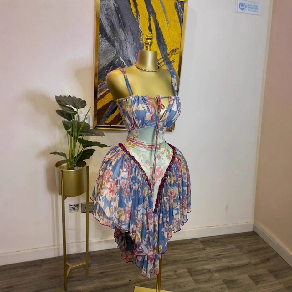 Spot 2025 autumn women's cross-border European and American suspender printed sleeveless pleated waist slimming dress Spot 2025 autumn women's cross-border European and American suspender printed sleeveless pleated waist slimming dress