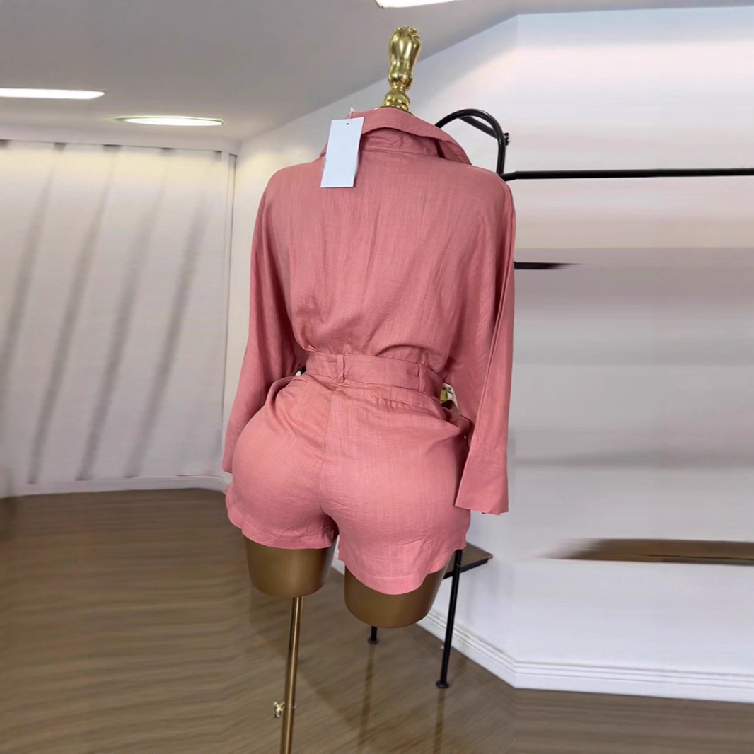 Spot 2025 Summer Cross border European and American Women's Wear Collar Bat Long Sleeve Shirt High Waist Shorts Skirt Two Piece Set Spot 2025 Summer Cross border European and American Women's Wear Collar Bat Long Sleeve Shirt High Waist Shorts Skirt Two Piece Set