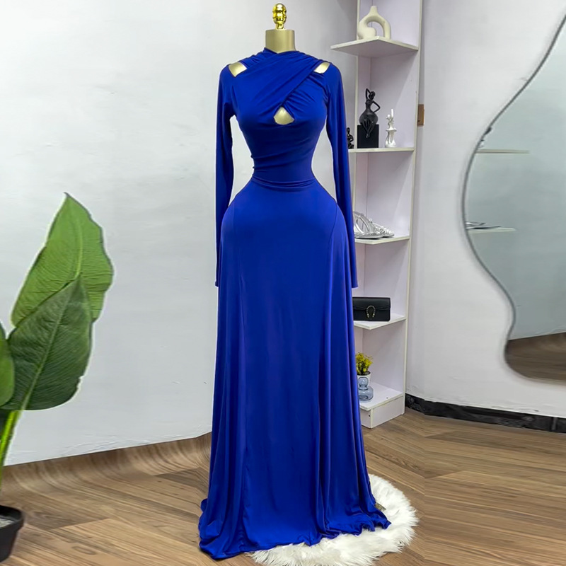 In stock 2025 new cross-border European and American long sleeved hollow dress with elegant temperament, slim and high elastic long skirt In stock 2025 new cross-border European and American long sleeved hollow dress with elegant temperament, slim and high elastic long skirt