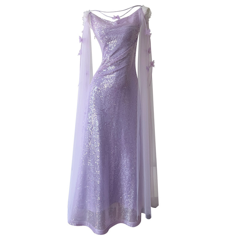 Fashionable temperament, two in one purple sequin dress, evening gown, mesh sleeves, high waisted slim fit long gown 68528 Fashionable temperament, two in one purple sequin dress, evening gown, mesh sleeves, high waisted slim fit long gown 68528