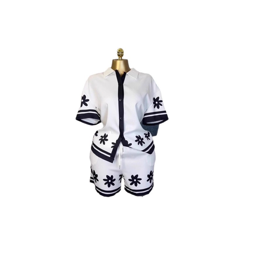 Spot 2025 European and American Cross border Women's Fashion Collar Color blocked Printed Shirt Wide Leg Shorts Casual Set Spot 2025 European and American Cross border Women's Fashion Collar Color blocked Printed Shirt Wide Leg Shorts Casual Set