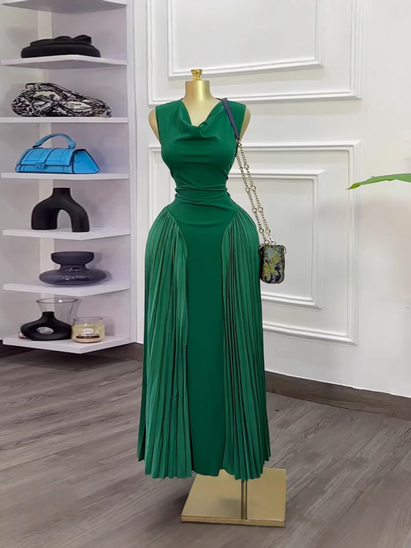 In stock 2025 cross-border European and American sleeveless summer new product temperament splicing pleated elegant slim fit dress long skirt In stock 2025 cross-border European and American sleeveless summer new product temperament splicing pleated elegant slim fit dress long skirt