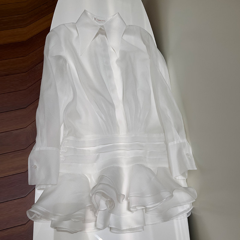 Women's new European and American style French thin style sexy long sleeved lapel button folded waist shirt skirt 69352 Women's new European and American style French thin style sexy long sleeved lapel button folded waist shirt skirt 69352