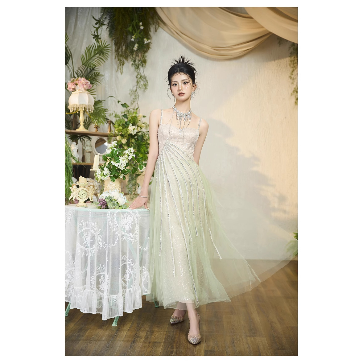 Elegant summer new product light emerald green temperament long waist slimming camisole dress 68710 Elegant summer new product light emerald green temperament long waist slimming camisole dress 68710