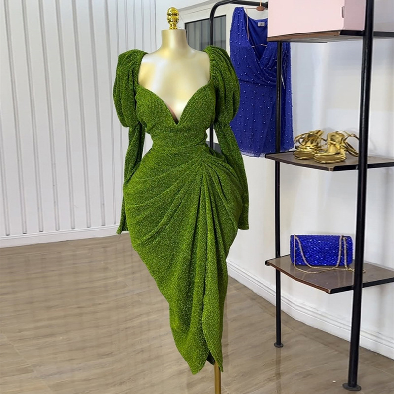 Spot European and American cross-border women's clothing 2025 autumn sexy temperament V-neck lantern long sleeved evening dress with wrapped buttocks dress