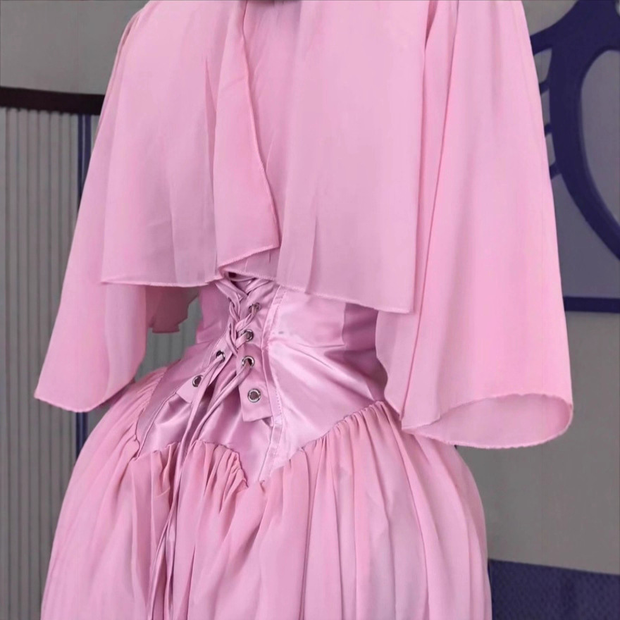 Spot 2025 Cross border European and American Women's Pink Chiffon Dress Summer Short Sleeve Temperament V-neck Waist Dress Long Dress Spot 2025 Cross border European and American Women's Pink Chiffon Dress Summer Short Sleeve Temperament V-neck Waist Dress Long Dress