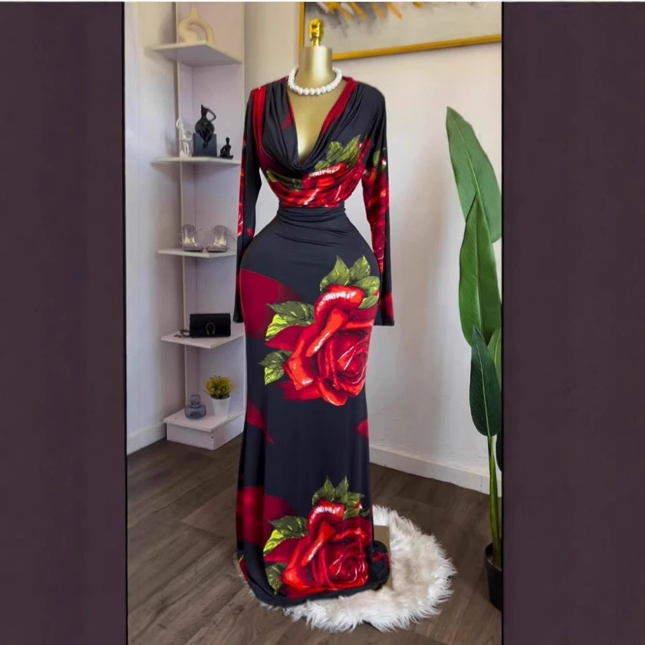 Spot 2025 European and American Cross border Women's Autumn New Long Sleeve Stacked Collar Rose Printed Tight Dress Long Skirt Spot 2025 European and American Cross border Women's Autumn New Long Sleeve Stacked Collar Rose Printed Tight Dress Long Skirt