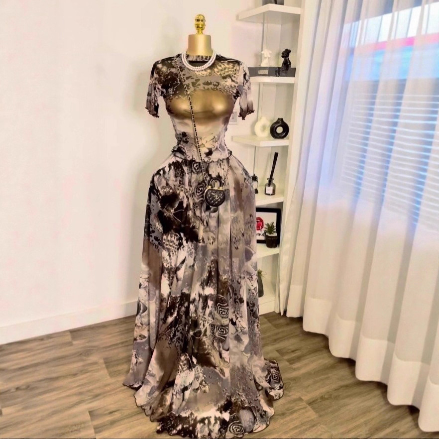 Spot 2025 Cross border European and American Women's Printed Mesh Perspective Top Half length Long Skirt Short Sleeve Autumn 2-piece Set Skirt Spot 2025 Cross border European and American Women's Printed Mesh Perspective Top Half length Long Skirt Short Sleeve Autumn 2-piece Set Skirt