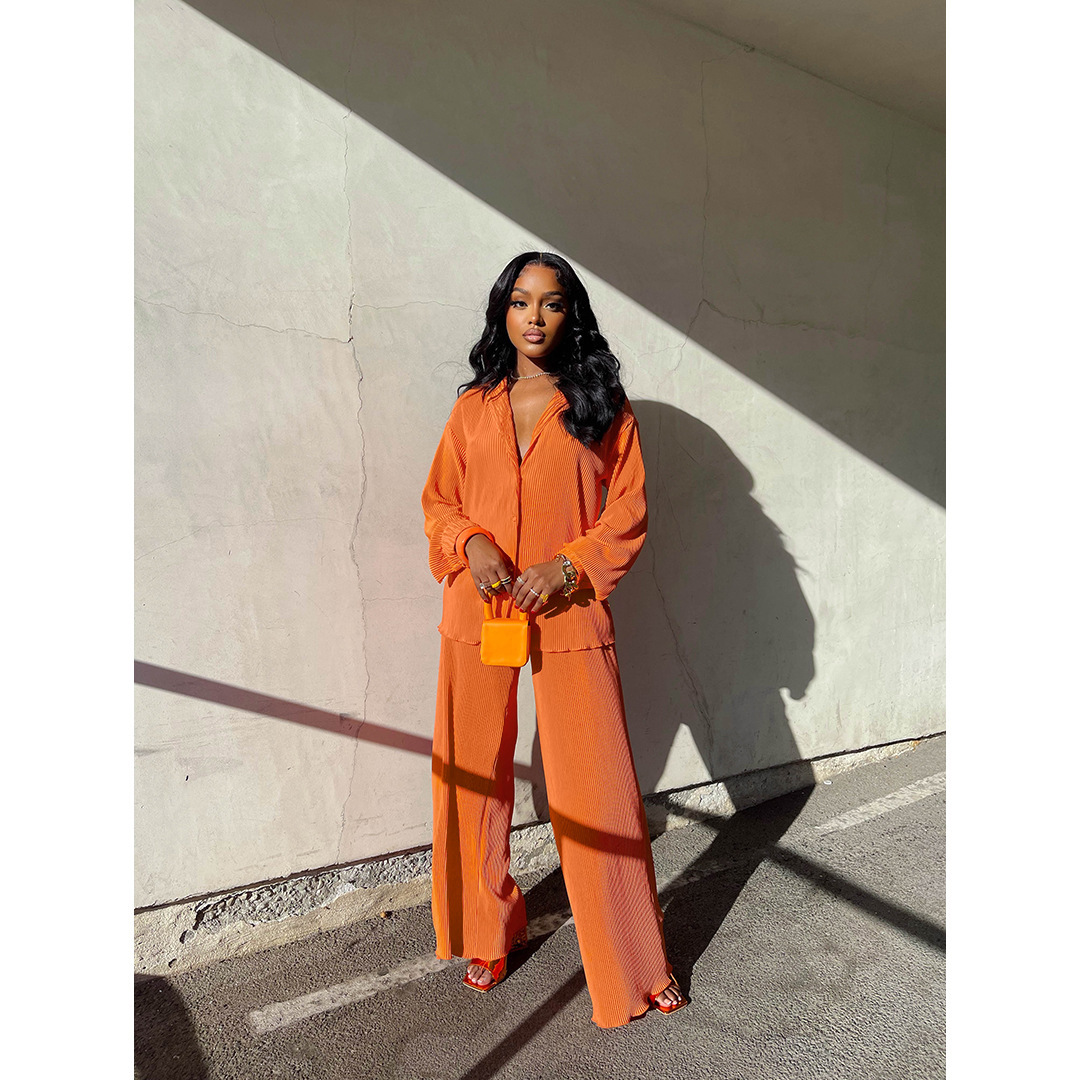 Spot 2025 Amazon Europe and America Cross border Women's Solid Color Loose Casual Two Piece Set with Hundred Fold Fashion Wide Leg Pants Spot 2025 Amazon Europe and America Cross border Women's Solid Color Loose Casual Two Piece Set with Hundred Fold Fashion Wide Leg Pants