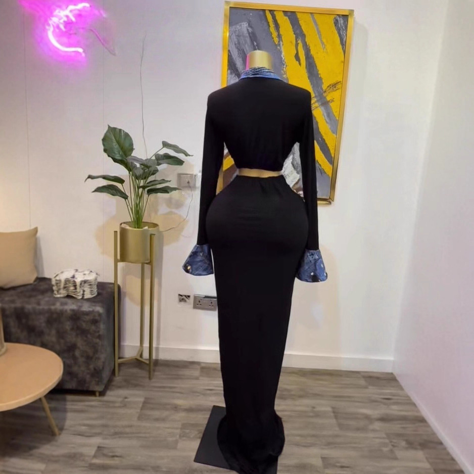 Spot 2025 autumn cross-border European and American snow imitation denim print pleated long skirt with feminine temperament long sleeved lapel dress Spot 2025 autumn cross-border European and American snow imitation denim print pleated long skirt with feminine temperament long sleeved lapel dress