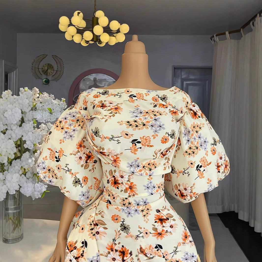 Spot European and American women's clothing 2025 summer palace style lotus leaf edge sweet and fresh printed bubble sleeves high waisted dress Spot European and American women's clothing 2025 summer palace style lotus leaf edge sweet and fresh printed bubble sleeves high waisted dress