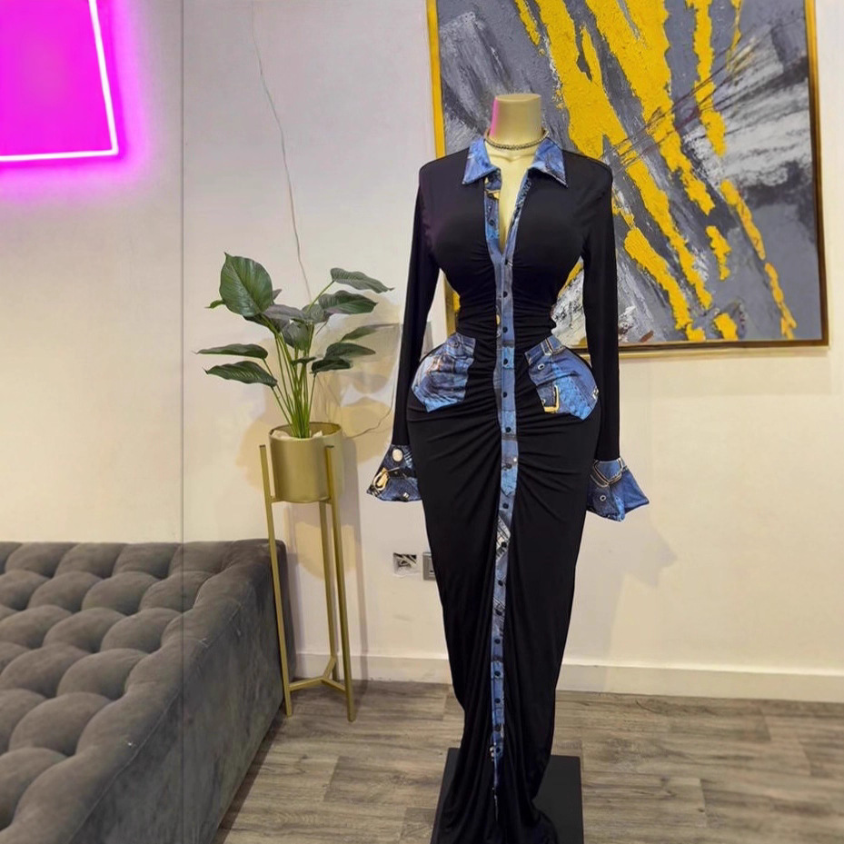 Spot 2025 autumn cross-border European and American snow imitation denim print pleated long skirt with feminine temperament long sleeved lapel dress