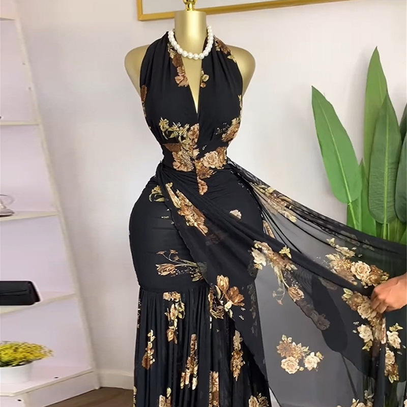 Spot 2025 European and American cross-border dress with sexy temperament, hip hugging, summer new style, waist cinching, strap and slit long skirt Spot 2025 European and American cross-border dress with sexy temperament, hip hugging, summer new style, waist cinching, strap and slit long skirt